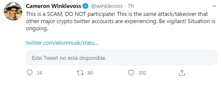Mensaje publicado por Cameron Winklevoss advirtiendo sobre la estafa en curso