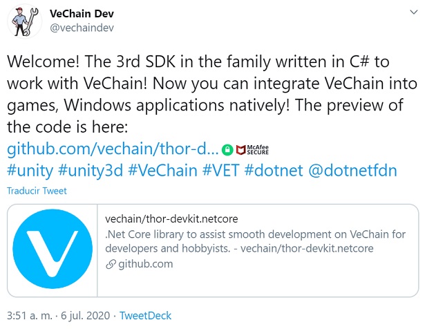 Anuncio del equipo de VeChain. Imagen extraída de Twitter