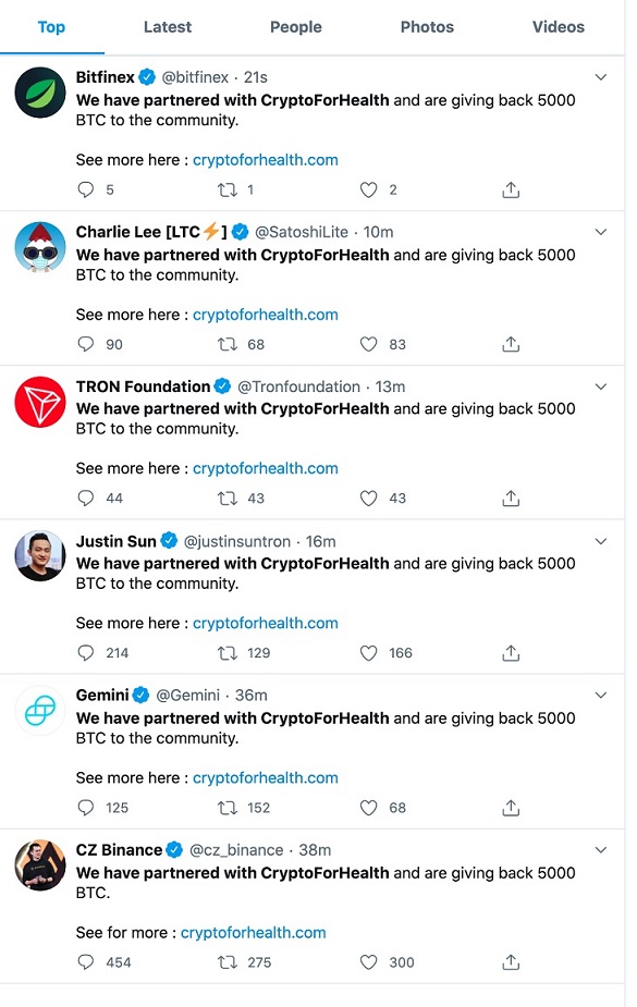 Hackers publican oferta engañosa en cuentas de organizaciones y personalidades cripto en Twitter. Imagen extraída de Twitter