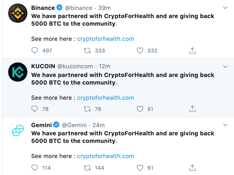 Hackers publican oferta engañosa en cuentas de organizaciones y personalidades cripto en Twitter. Imagen extraída de Twitter
