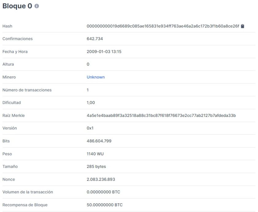 Datos del primer bloque minado en la red Bitcoin. Imagen de Blockchain.com