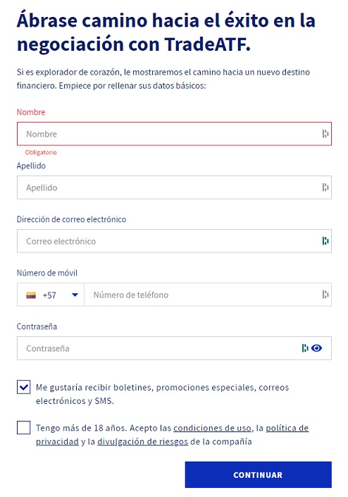 Formulario para la apertura de cuenta en Global TradeATF. Imagen extraída de Global TradeATF