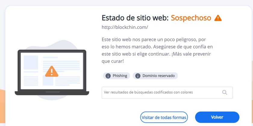 Alerta del antivirus al intentar ingresar al sitio web clon de Blockchain.info